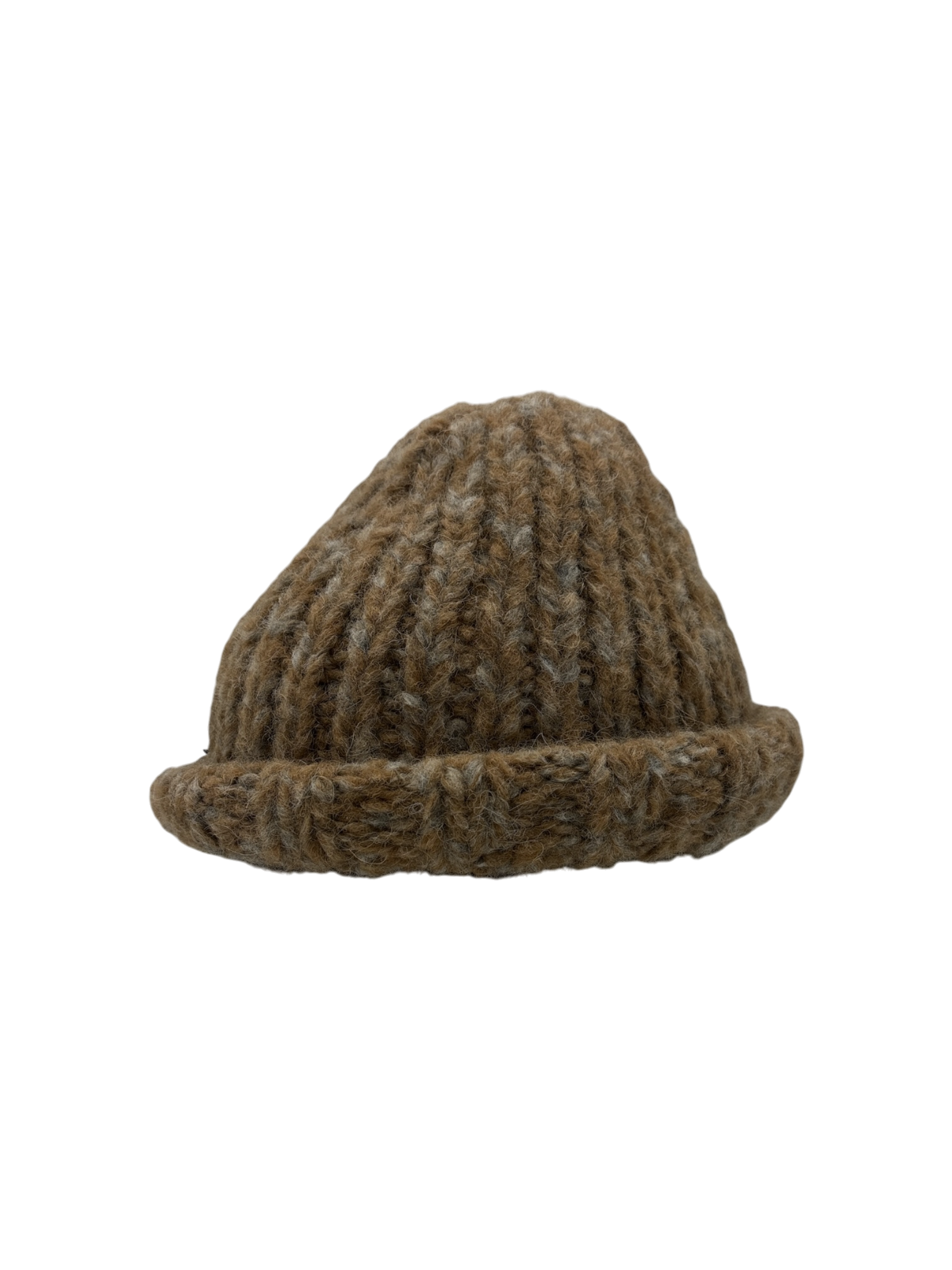 Bracken marled olive hand-knit alpaca beanie with rolled cuff by Hampui Hats.