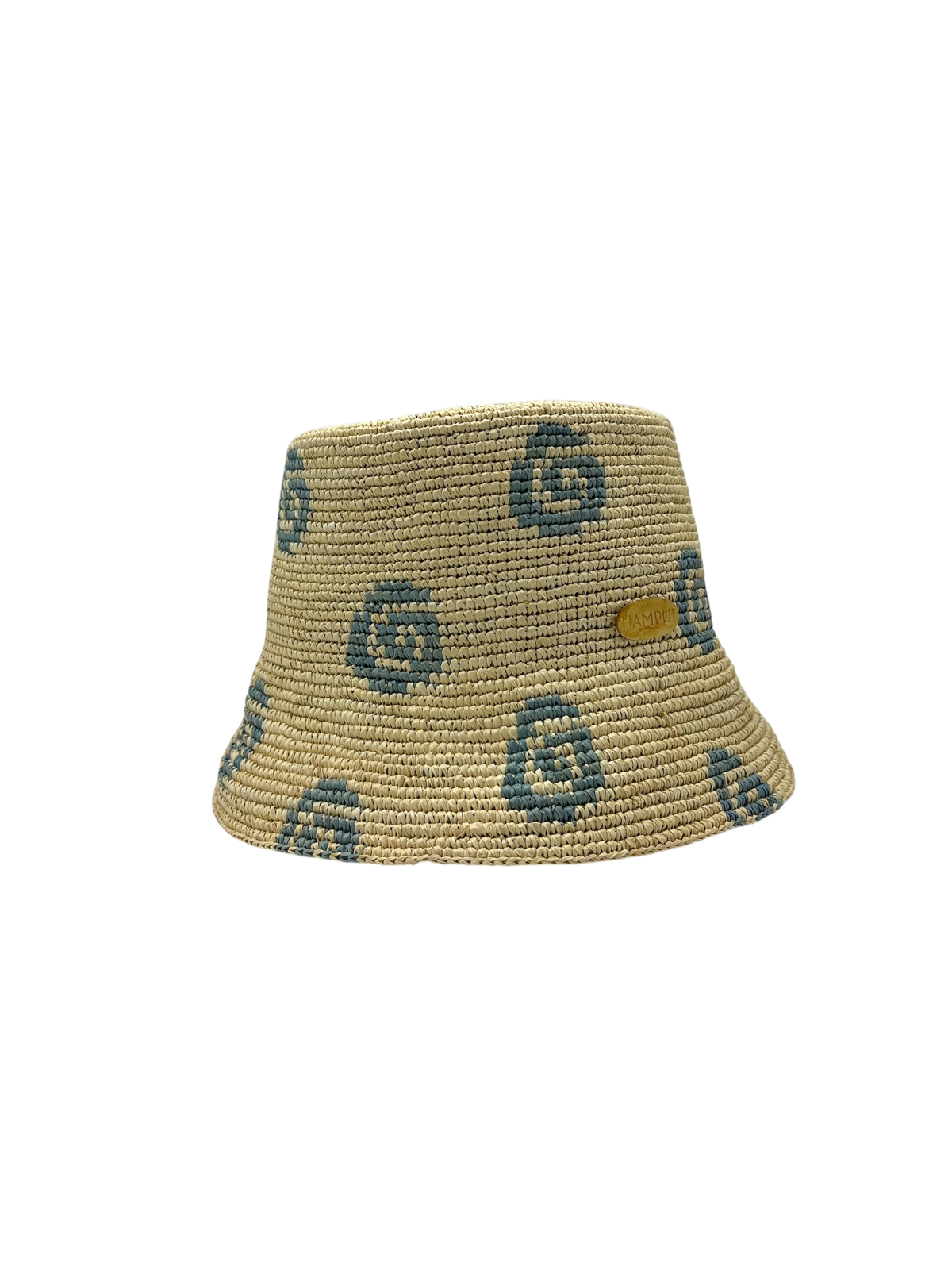 Caracola natural toquilla bucket with sea-blue spiral motif hand-crocheted by Hampui Hats.
