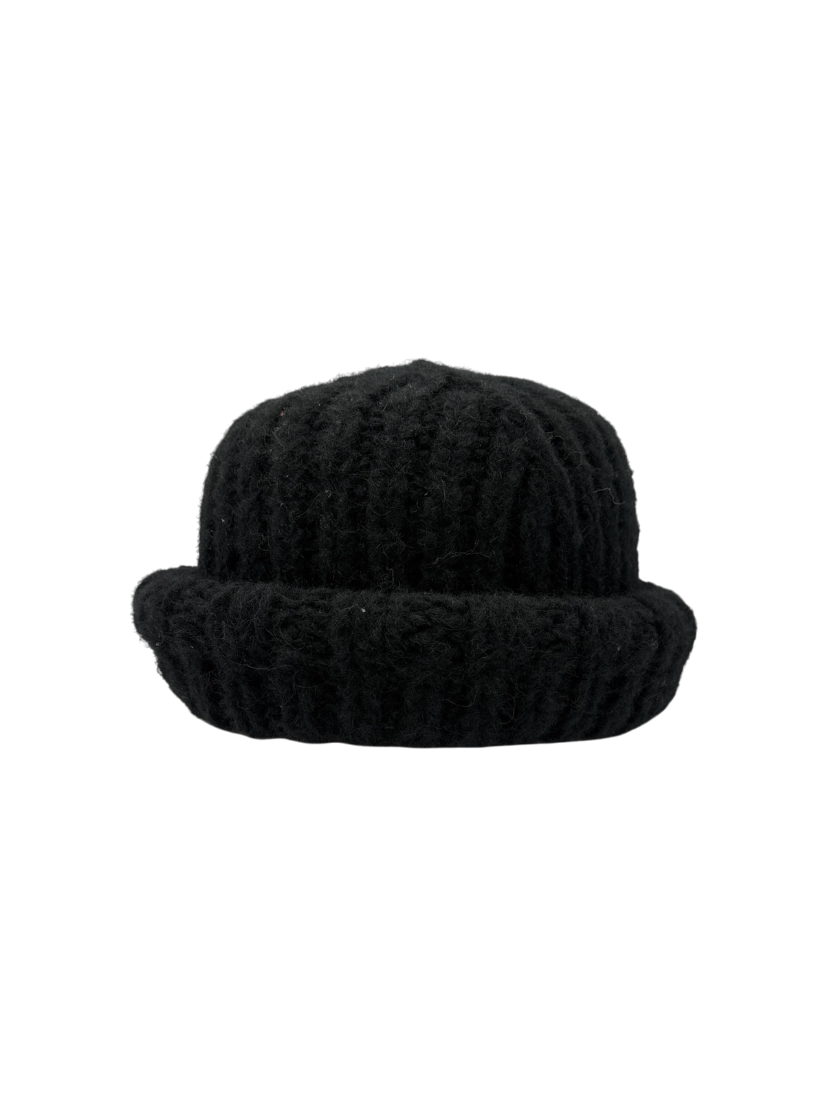 Coalbed black hand-knit alpaca beanie with rolled cuff by Hampui Hats.