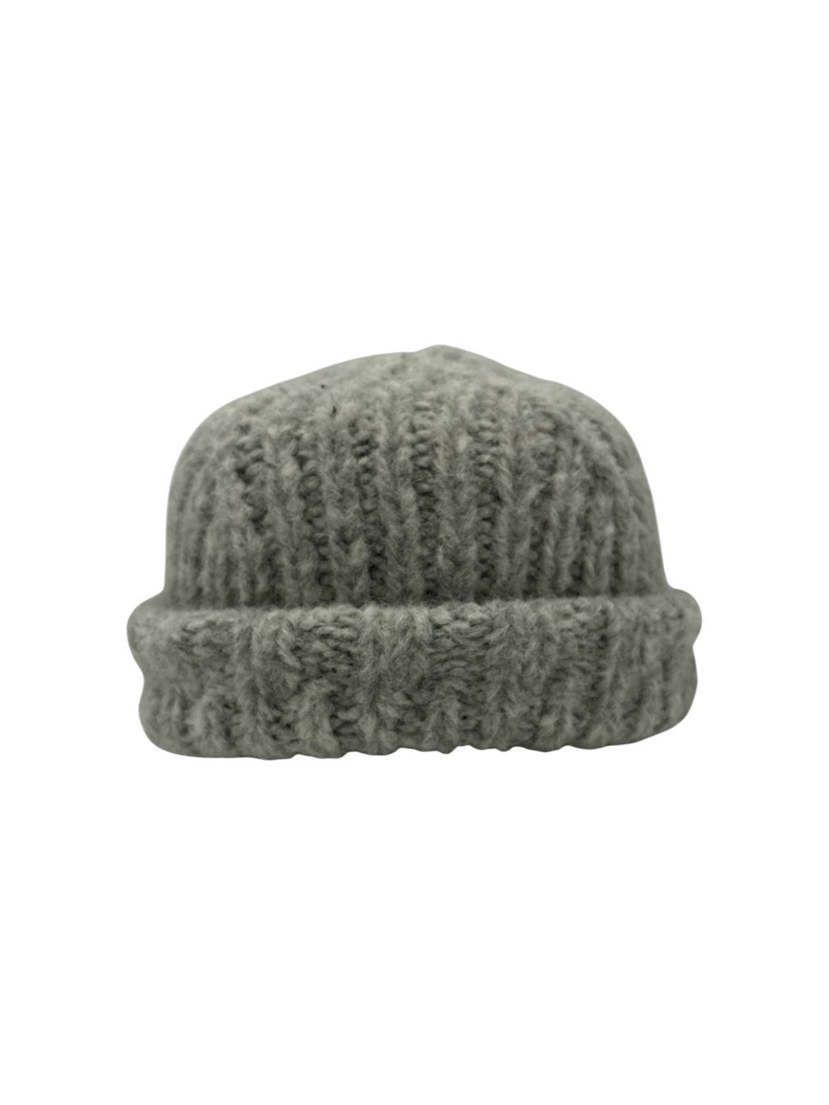 Fogline pale gray hand-knit alpaca beanie with rolled cuff by Hampui Hats.