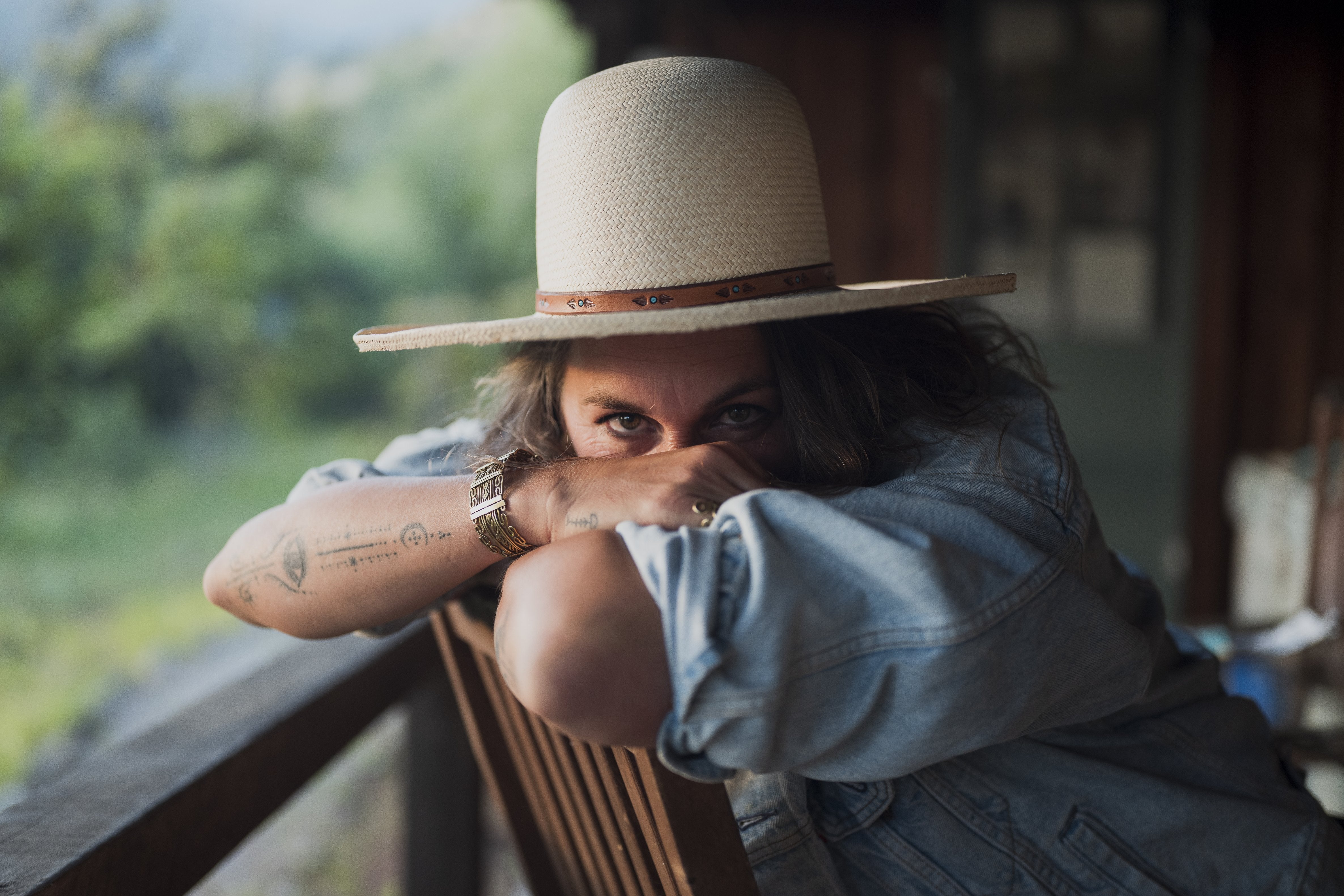 Four Winds hat worn by model, front view, Hampui Hats.