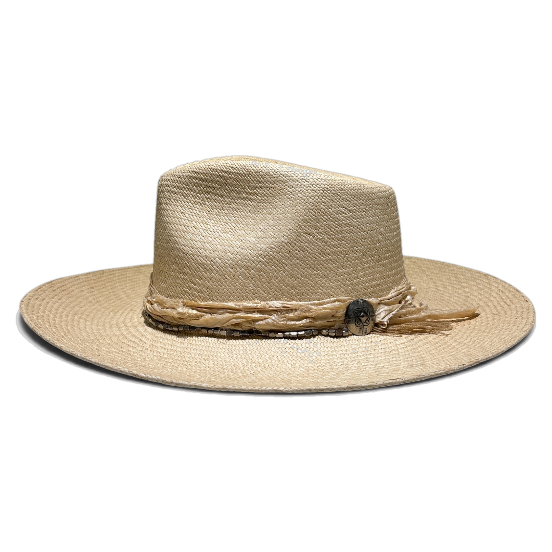 Bonita Lighthouse natural toquilla straw teardrop fedora with antique sari silk band by Hampui Hats.