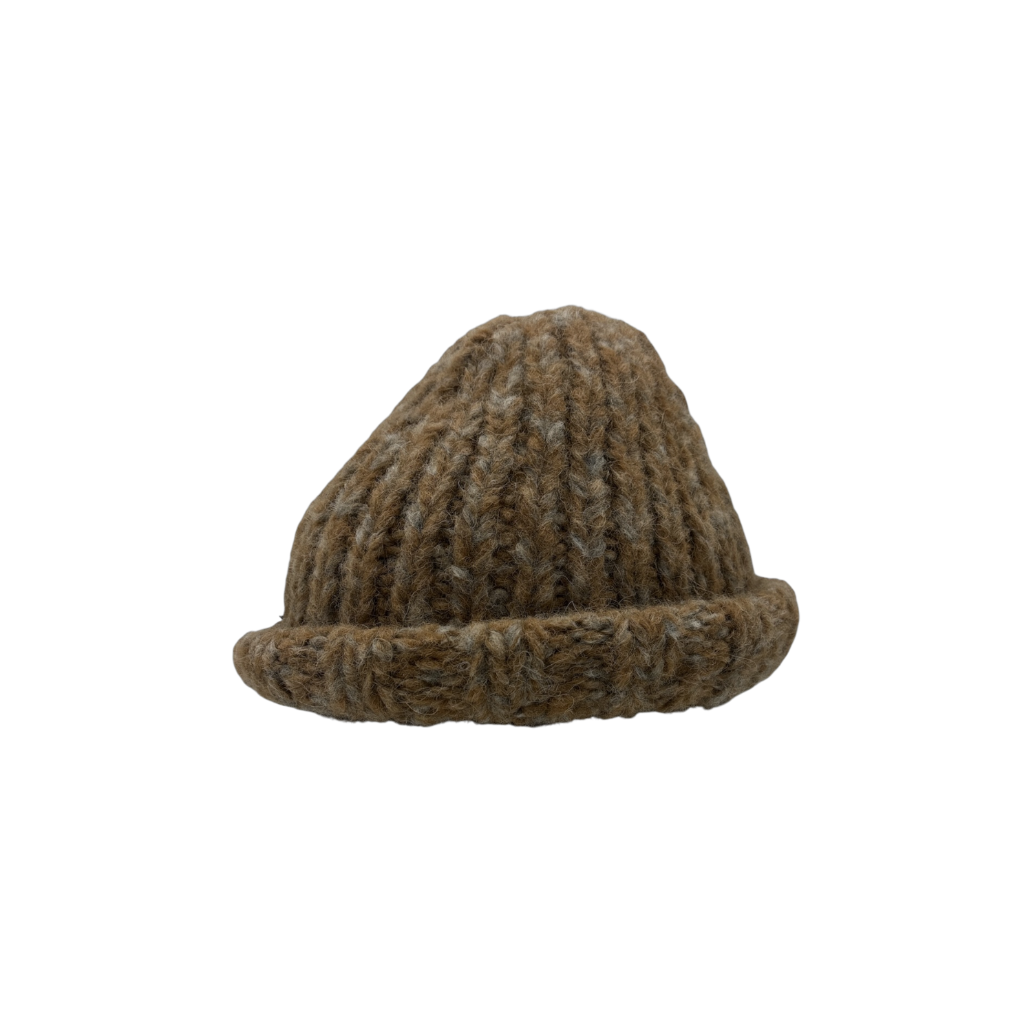Bracken marled olive hand-knit alpaca beanie with rolled cuff by Hampui Hats.