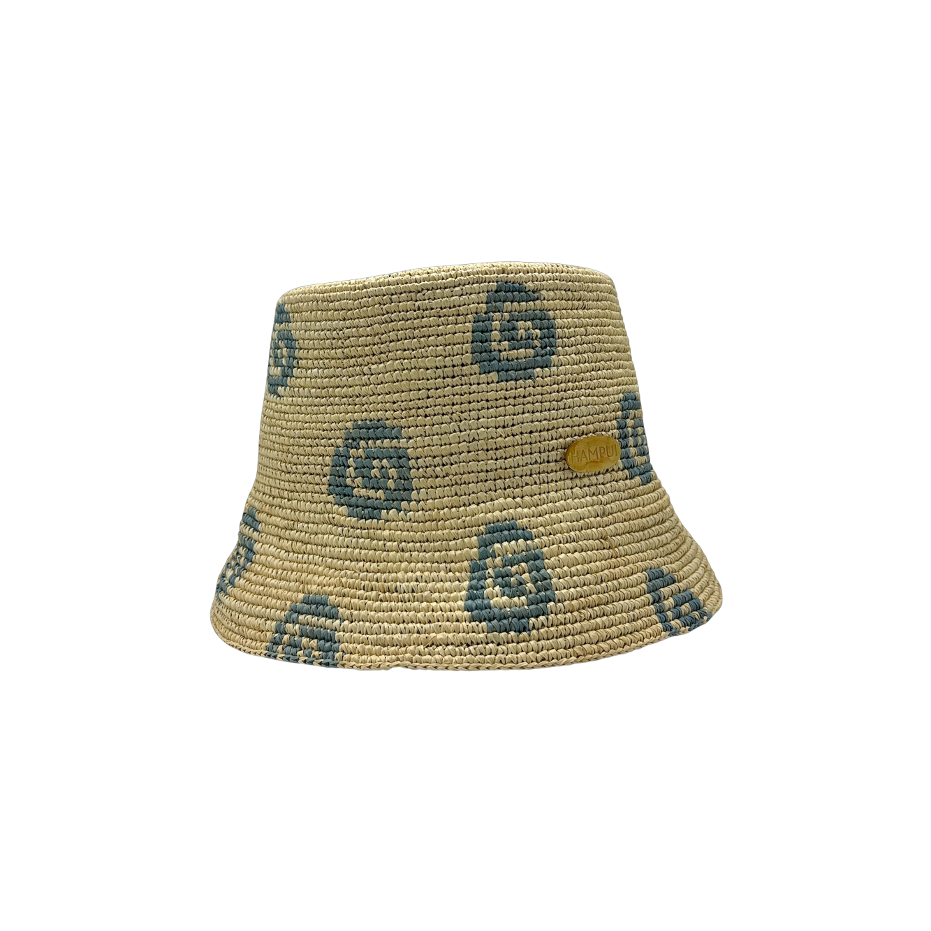 Caracola natural toquilla bucket with sea-blue spiral motif hand-crocheted by Hampui Hats.