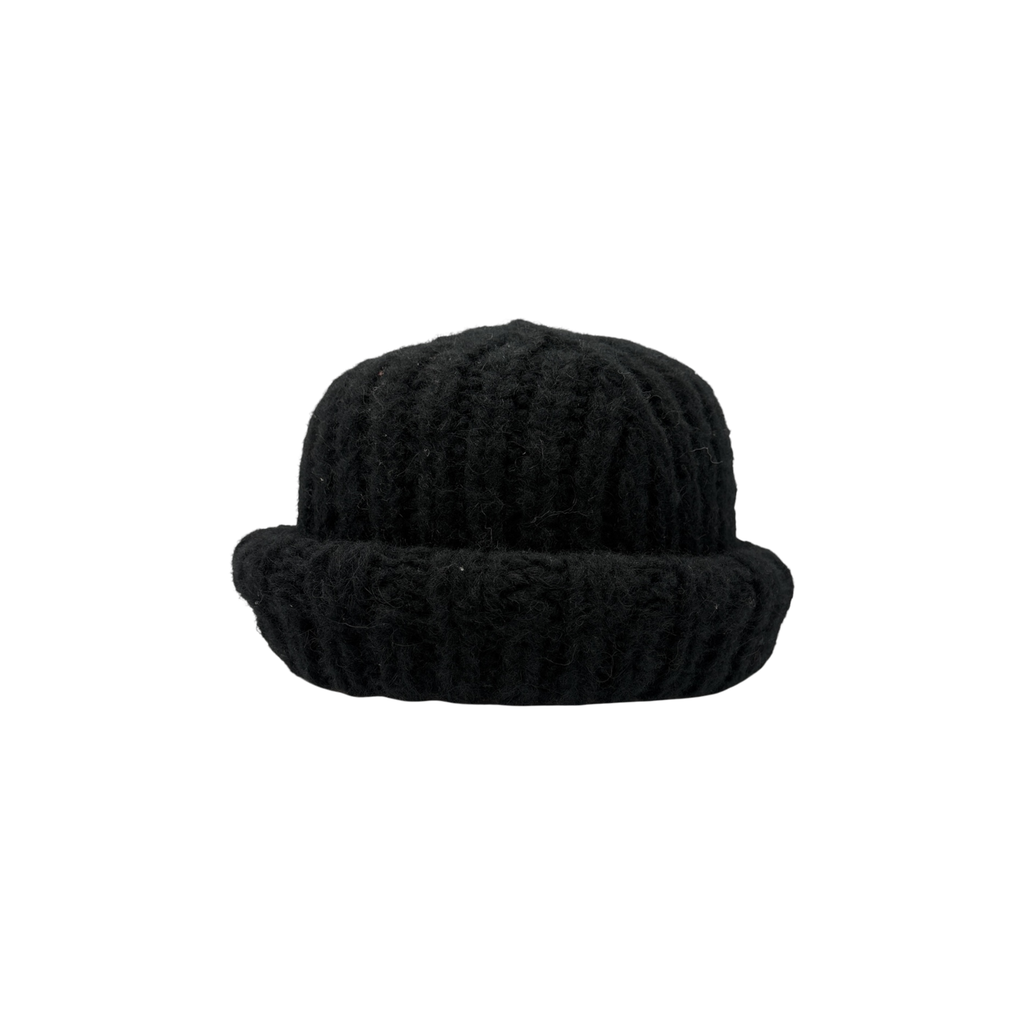 Coalbed black hand-knit alpaca beanie with rolled cuff by Hampui Hats.