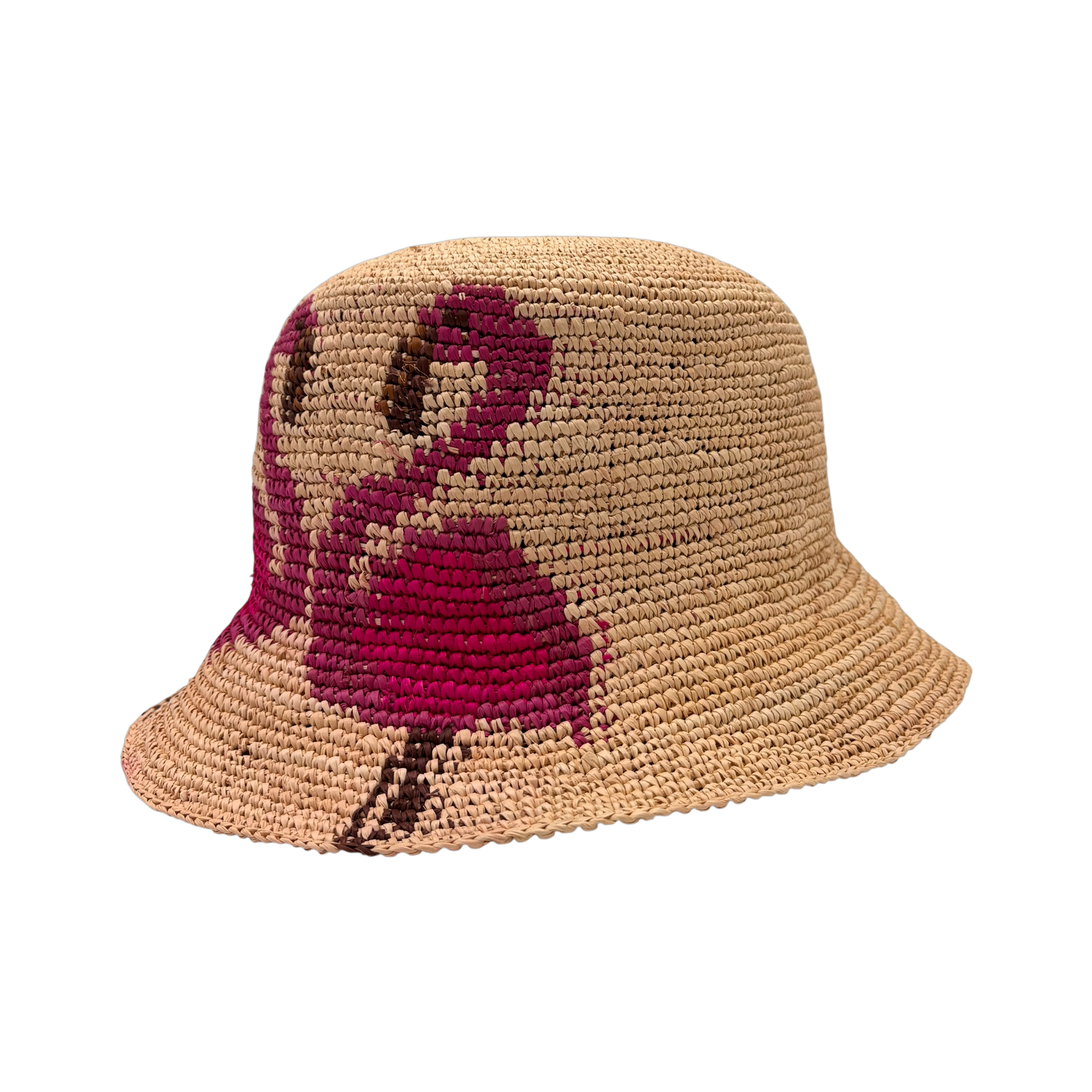 Flamingo Love Straw Bucket hand-crocheted toquilla straw bucket hat by Hampui Hats — front view