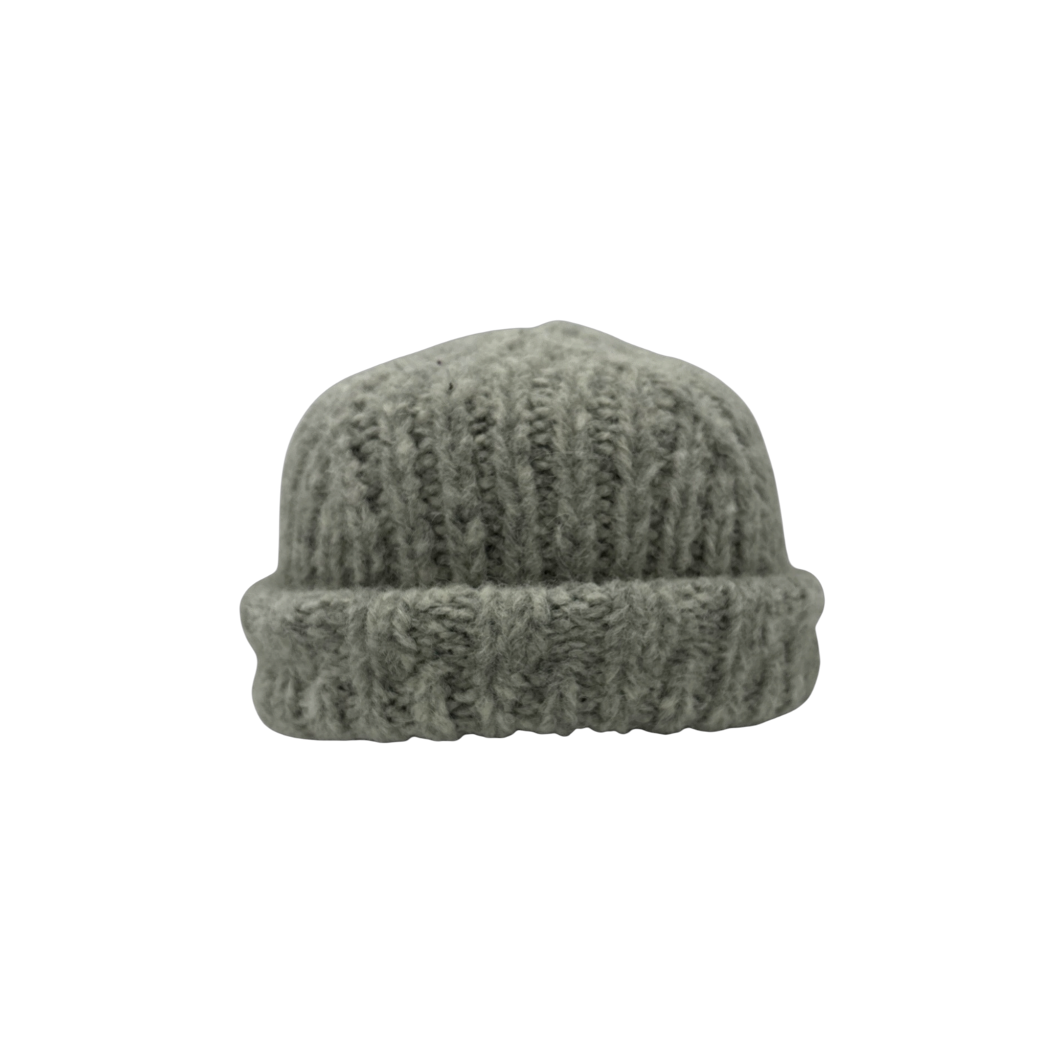 Fogline pale gray hand-knit alpaca beanie with rolled cuff by Hampui Hats.