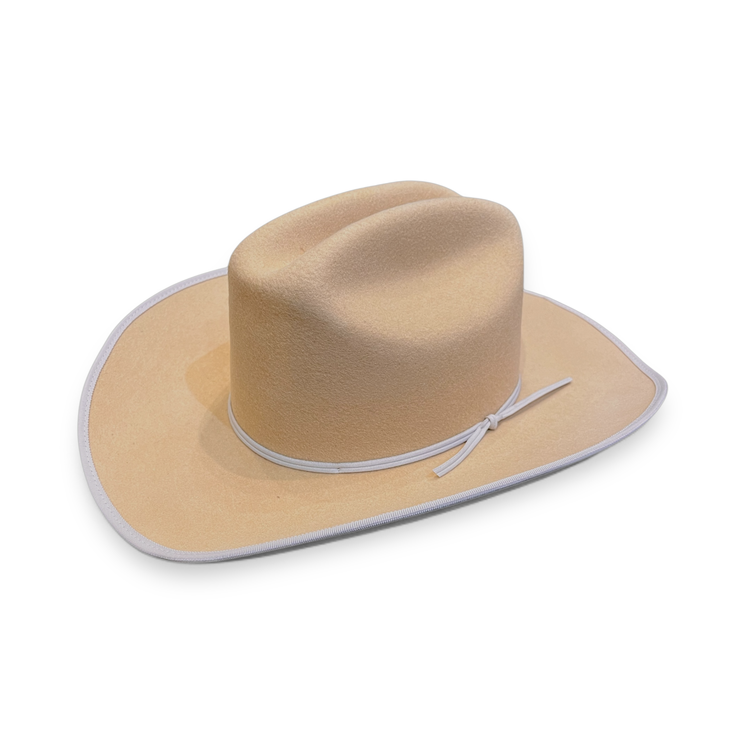 Golden Year camel felt cowboy hat with white cord band, handmade by Hampui Hats — front view