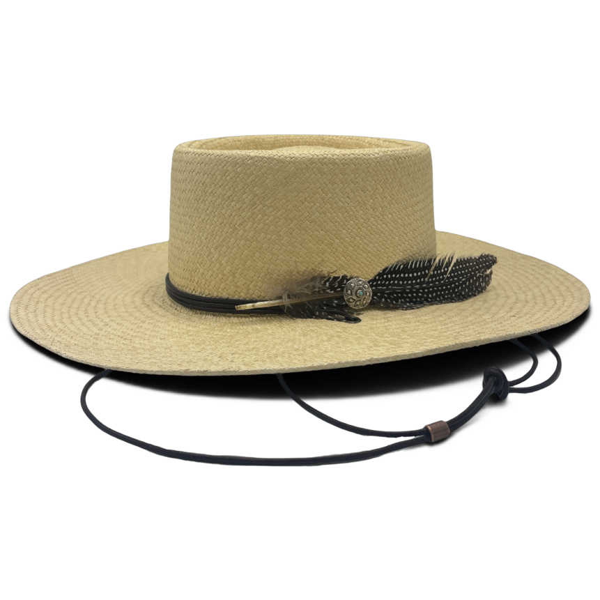 Highwayman natural toquilla telescope-crown hat with JJ Burton pin and chin cord by Hampui Hats.