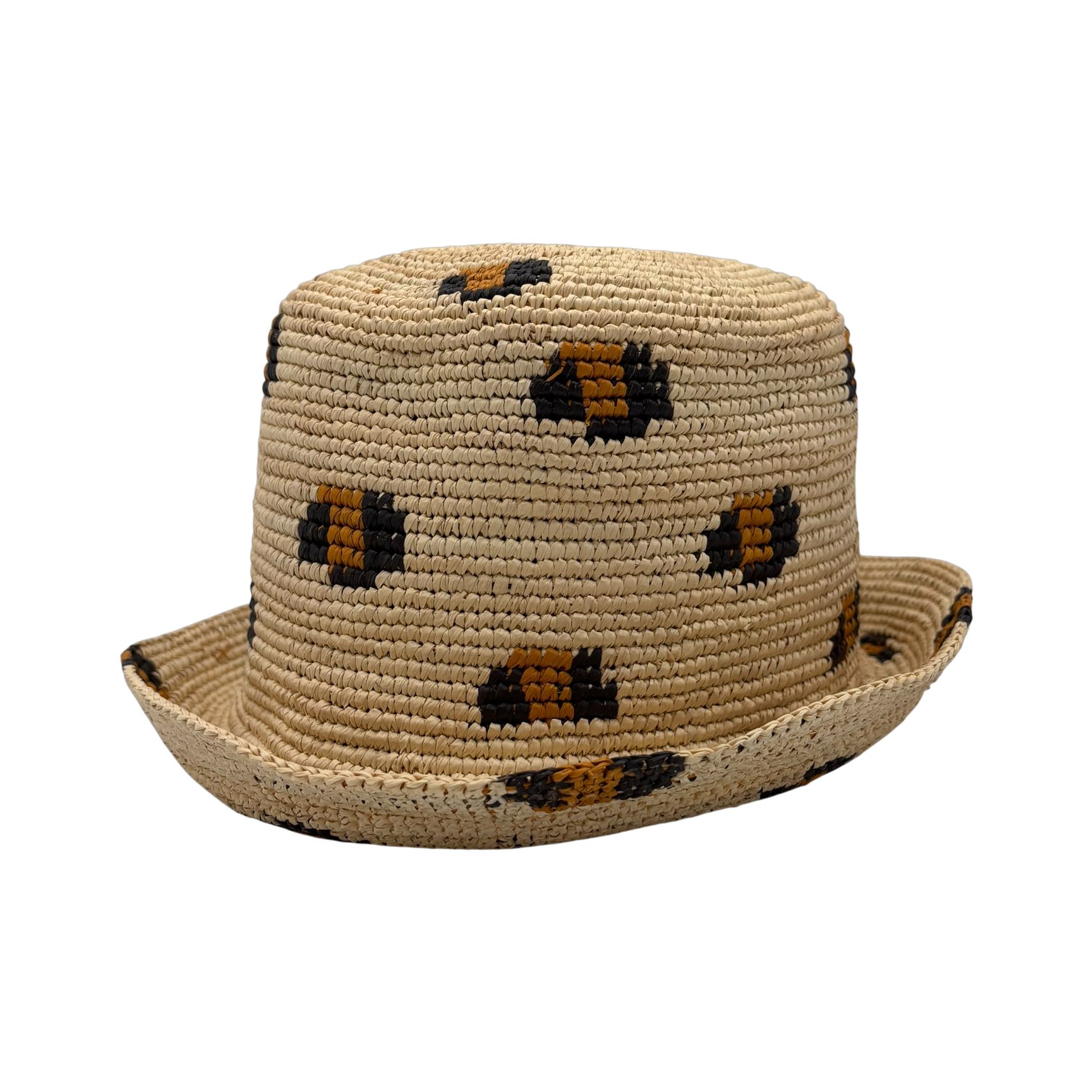 Leopard Straw Bucket hand-crocheted toquilla straw bucket hat by Hampui Hats — front view
