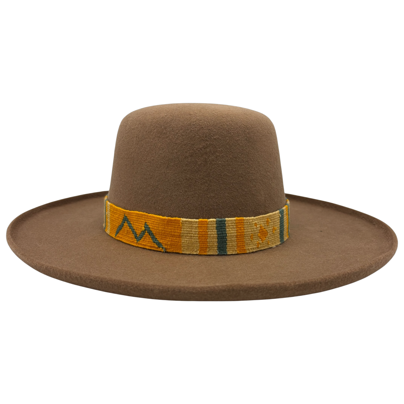 Sonora Daybreak camel wool felt open crown hat with hand-woven Guatemalan band by Hampui Hats.