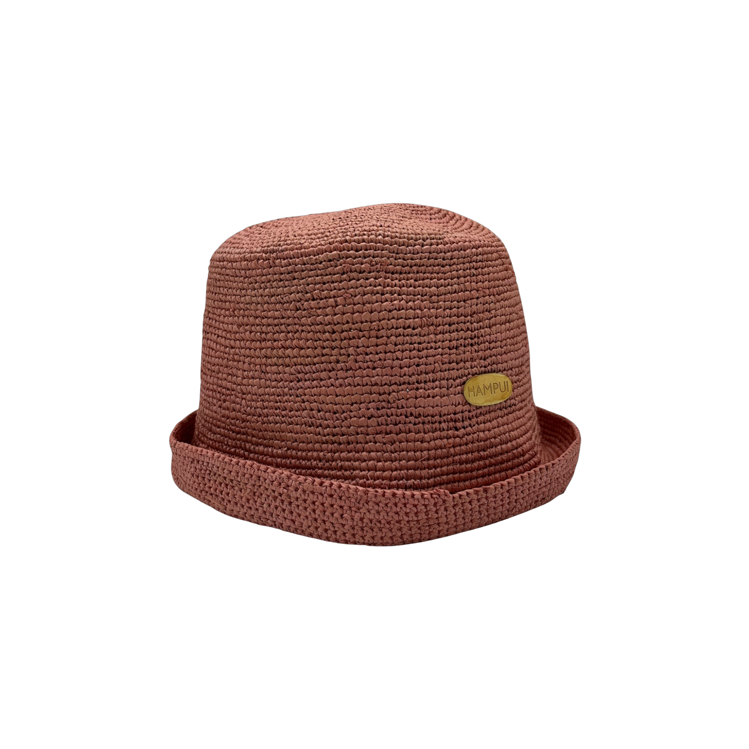 Terracotta clay-rose straw bucket shown with the brim rolled up to a tall kufi profile.