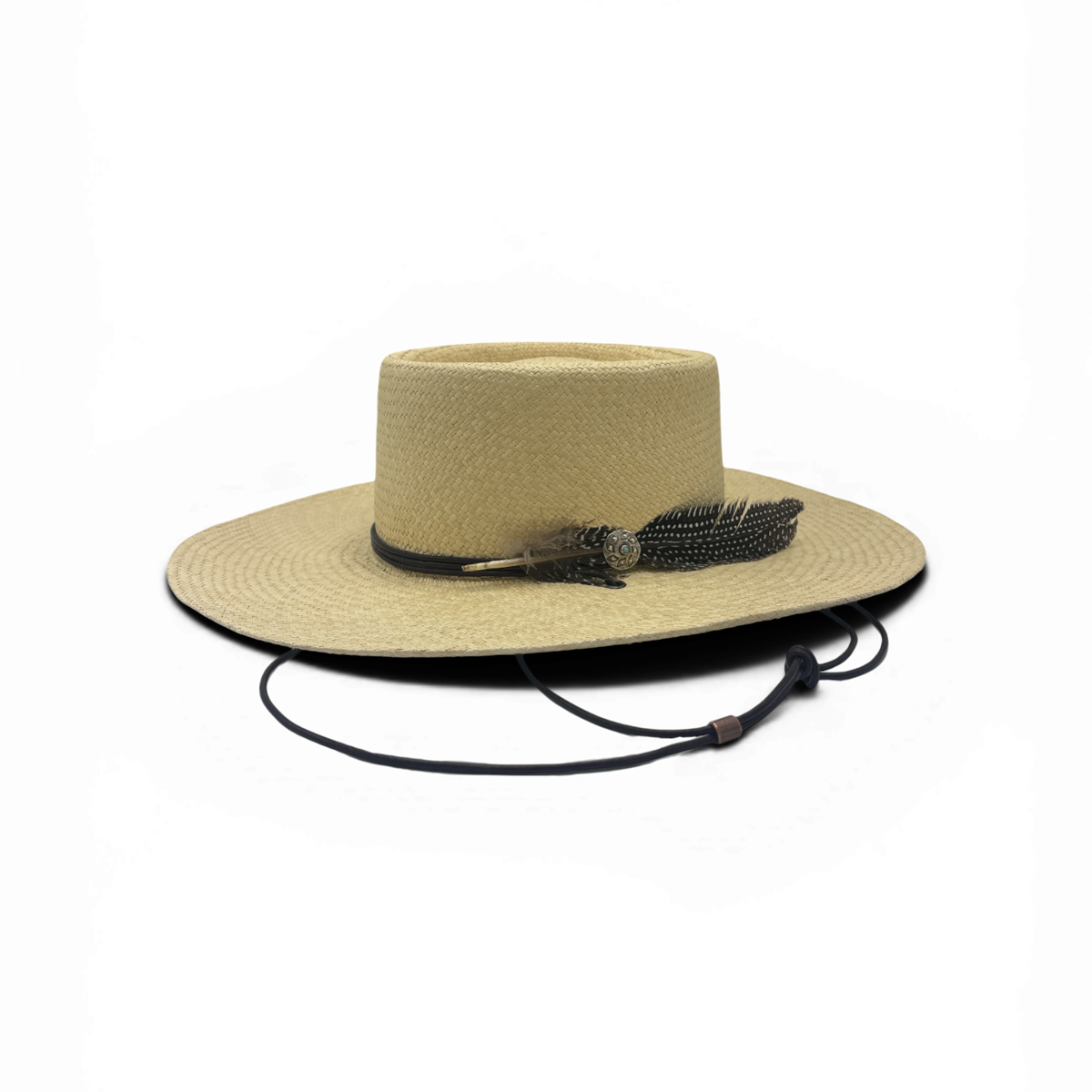Highwayman natural toquilla telescope-crown hat with JJ Burton pin and chin cord by Hampui Hats.