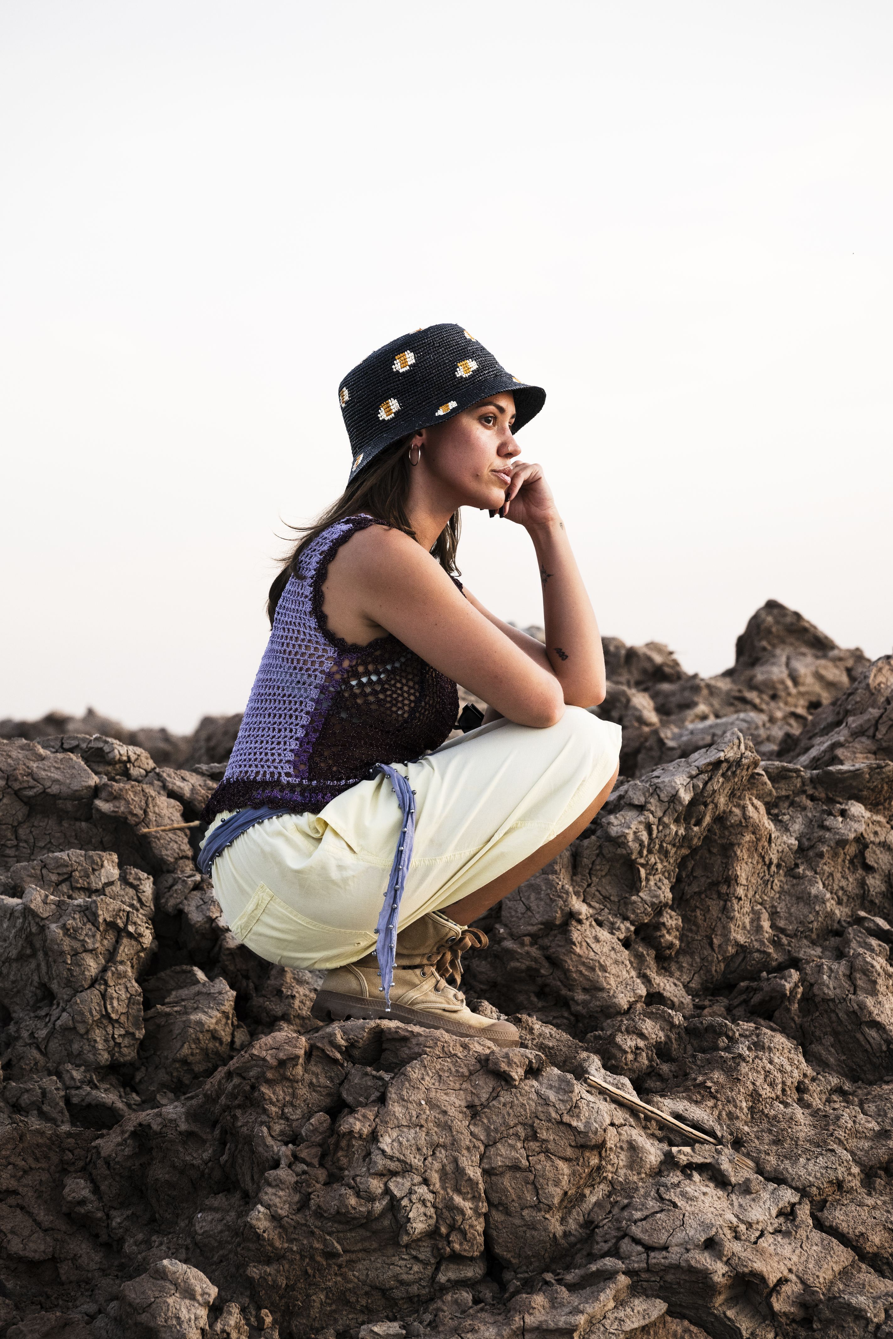 Nocturnal Straw Bucket hat detail showing band and crown shape.
