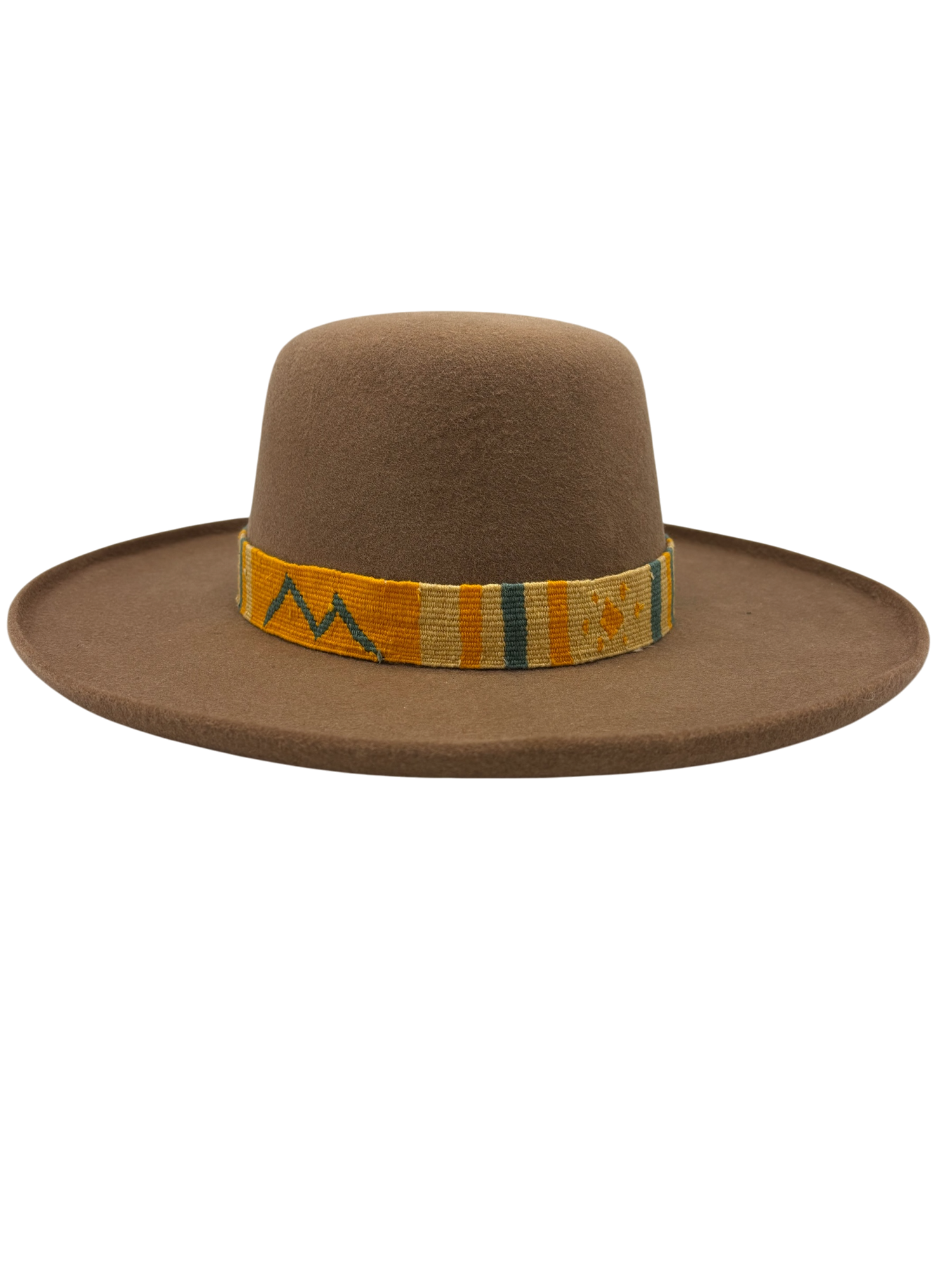 Sonora Daybreak camel wool felt open crown hat with hand-woven Guatemalan band by Hampui Hats.