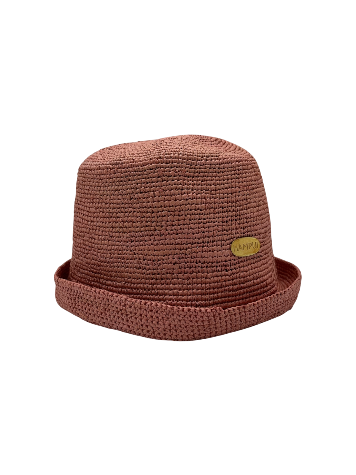 Terracotta clay-rose straw bucket shown with the brim rolled up to a tall kufi profile.